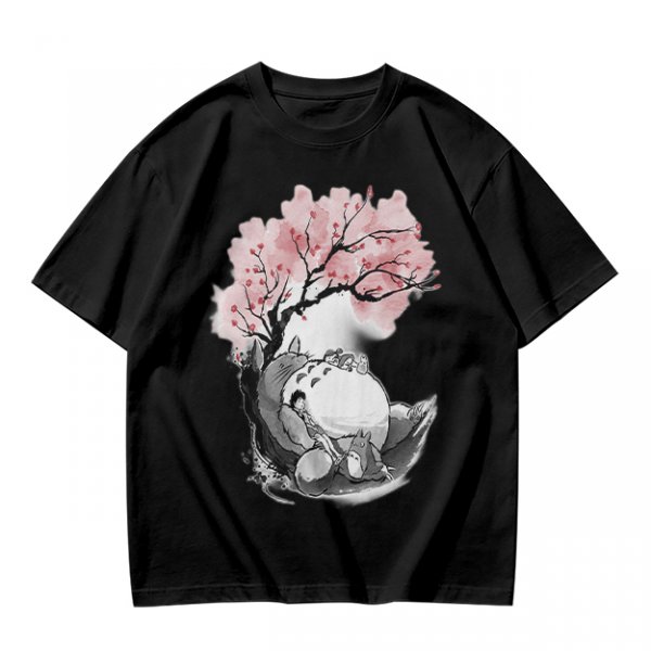 Olive T-shirt with Totoro and Cherry Blossom Tree Art Print