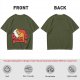 Olive green t-shirt with a sleeping orange cat on a red armchair print