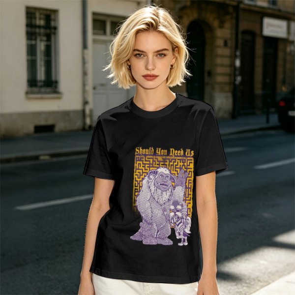 Olive graphic tee with maze and fantasy creatures reading Should You Need Us