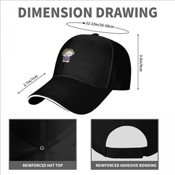 Black baseball cap with grumpy cartoon cat graphic