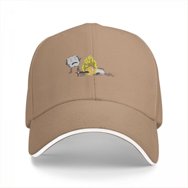 Black baseball cap with cartoon burning character and worried companion graphic