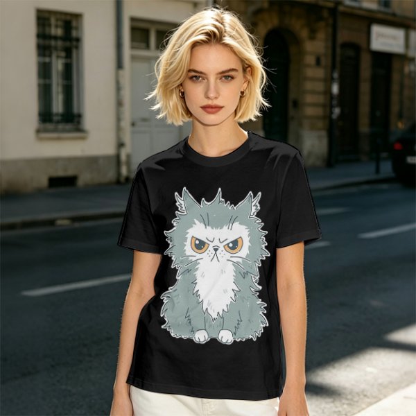 Olive T-shirt with Grumpy Fluffy Gray Cat Graphic Print
