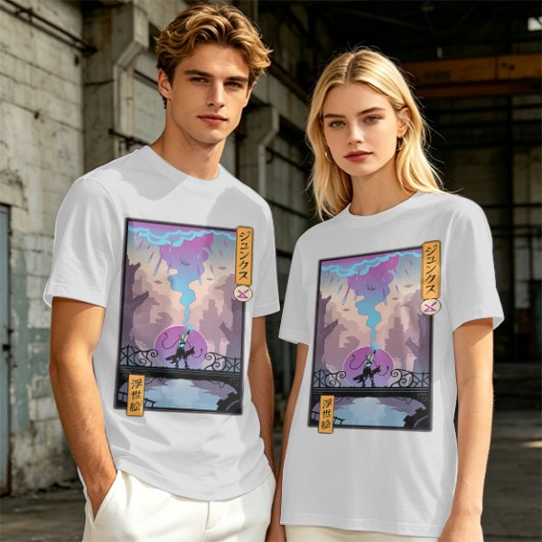 Olive T-shirt with Cyberpunk City Bridge Character Art Print