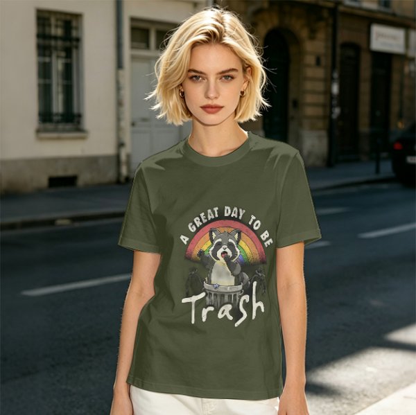 Olive Graphic T-Shirt With Raccoon Rainbow 'A Great Day To Be Trash' Print