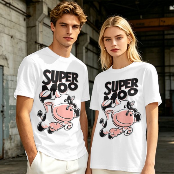 Olive green t-shirt with 'SUPER MOO' and cartoon cow graphic
