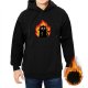Black hoodie with a cartoon black cat holding a lighter surrounded by flames