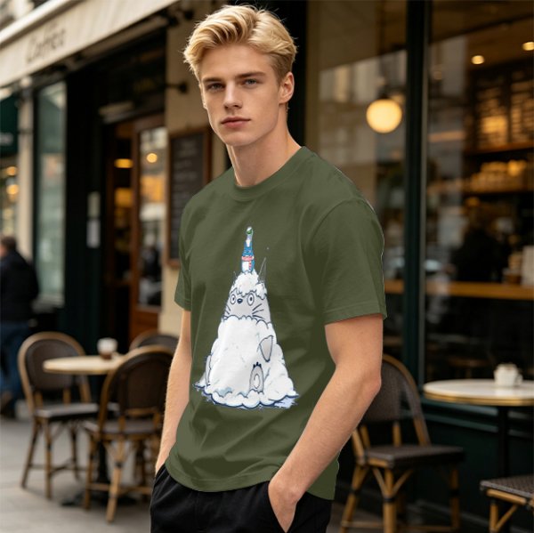 Olive T-shirt with Totoro in Snow and Small Blue Creature Print