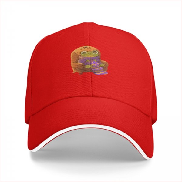 Black baseball cap with a cozy frog sitting in an armchair graphic