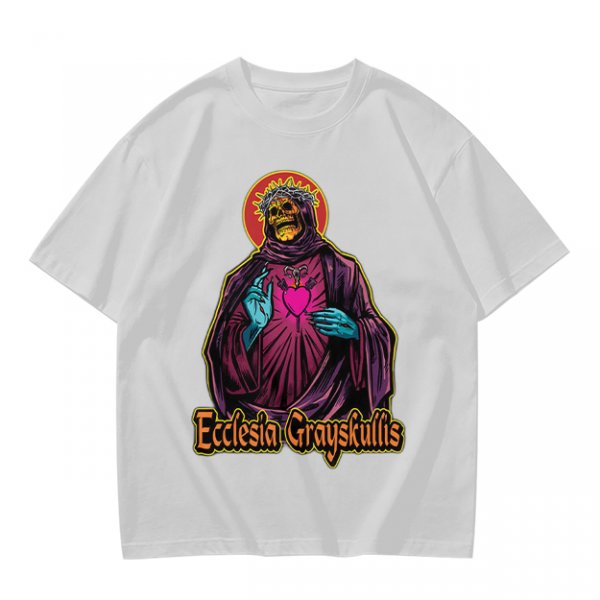 Olive t-shirt with skeleton religious graphic and Ecclesia Grayskullis text