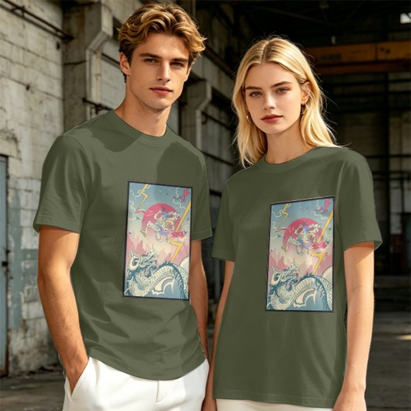 Olive T-shirt with Japanese style dragon and lightning graphic print