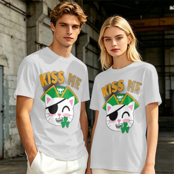 Kiss Me Pirate Cat Shamrock Graphic T-Shirt