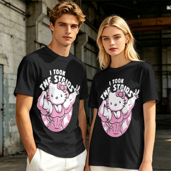 Olive t-shirt with muscular Hello Kitty graphic and 'I Took The Stairs' text