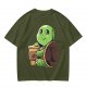Olive Green T-Shirt With Cute Turtle Holding Coffee Cup Print