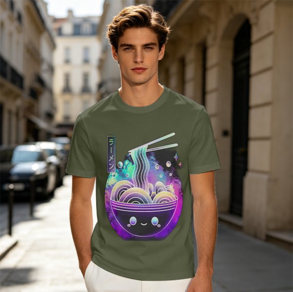 Olive T-Shirt With Galaxy Ramen Bowl Kawaii Graphic