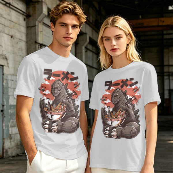 Olive T-shirt with Godzilla eating ramen graphic