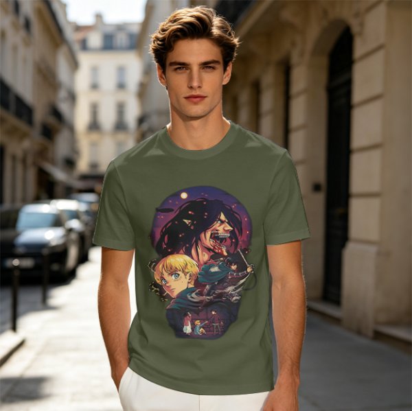 Attack on Titan themed graphic tee with anime character artwork