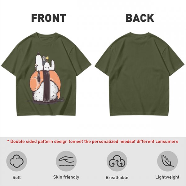 Olive t-shirt with Snoopy and Woodstock sushi print