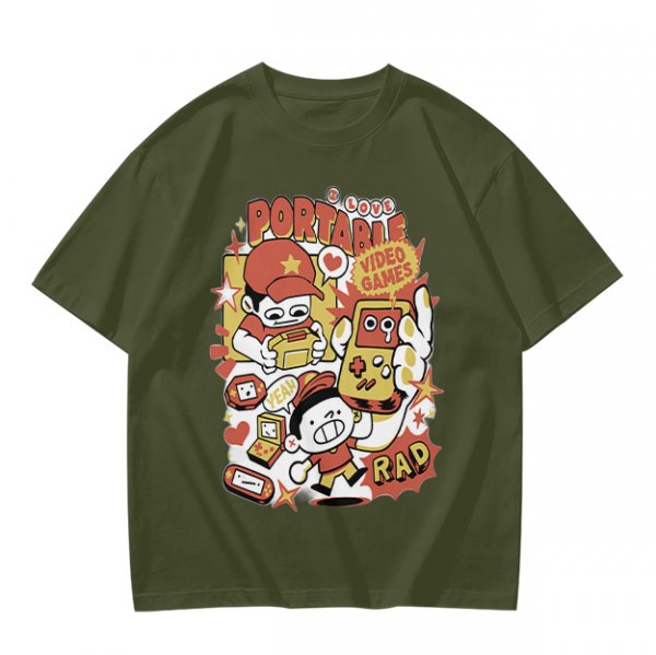 Olive T-Shirt With Retro Portable Video Games Cartoon Print