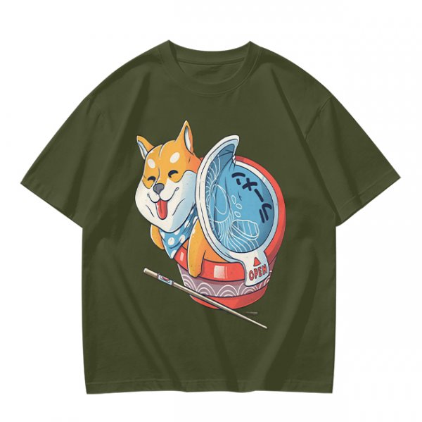 Olive T-shirt with Shiba Inu in Ramen Cup Graphic