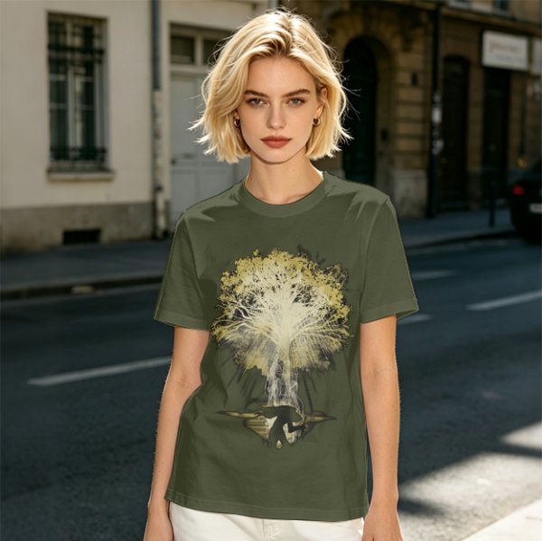 Olive Green T-Shirt With Glowing Tree Reflection Art