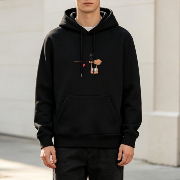 Black Hoodie With Witch Broom And Cat Graphic Print