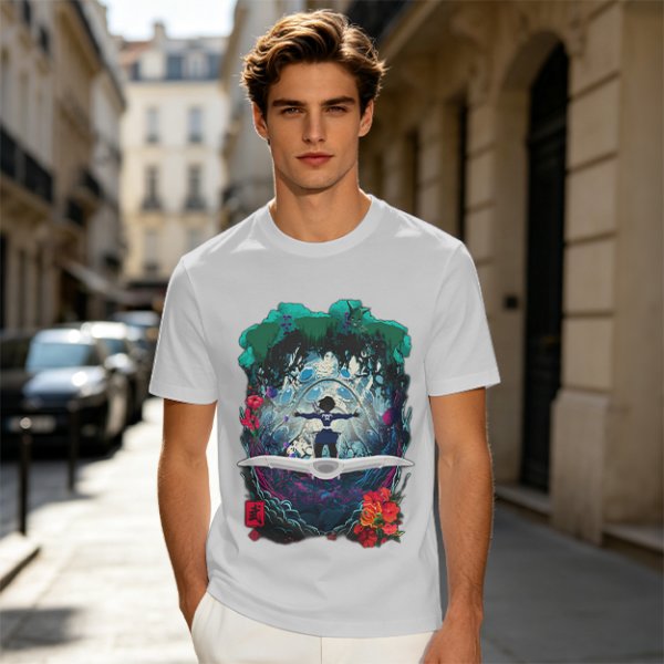 Olive T-shirt with fantasy forest glider rider graphic print