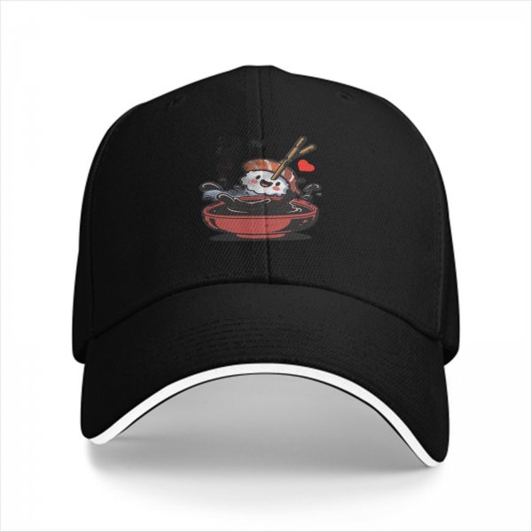 Black Baseball Cap With Cute Sushi In Soy Sauce Bowl Graphic
