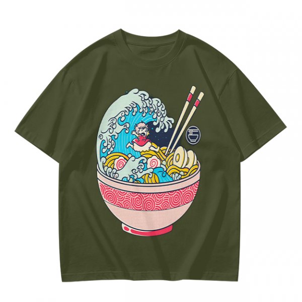 Olive T-shirt with Great Wave Ramen Bowl Graphic Design