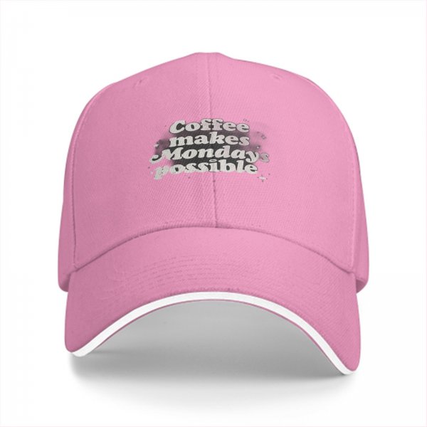 Black baseball cap with 'Coffee makes Mondays possible' print