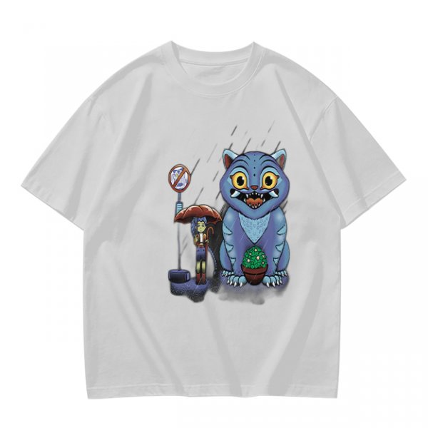 Olive T-Shirt With Whimsical Blue Cat And Mushroom Figure Print