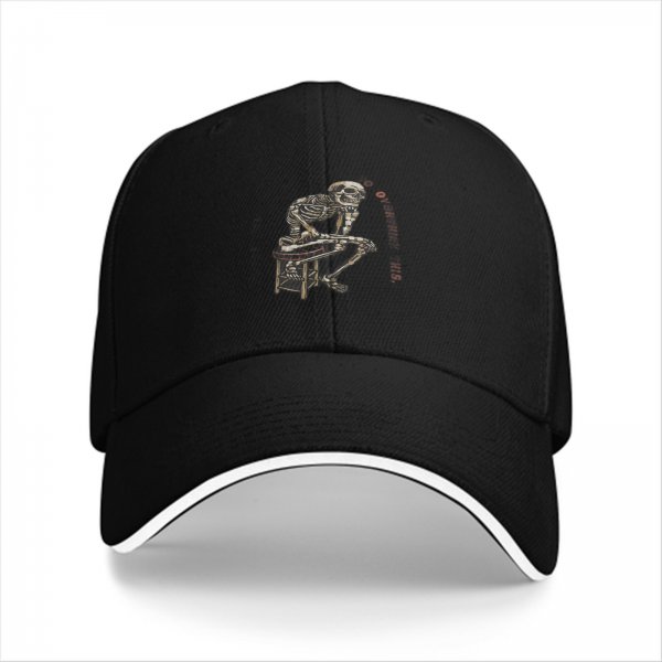 Black baseball cap with skeleton sitting on stool graphic