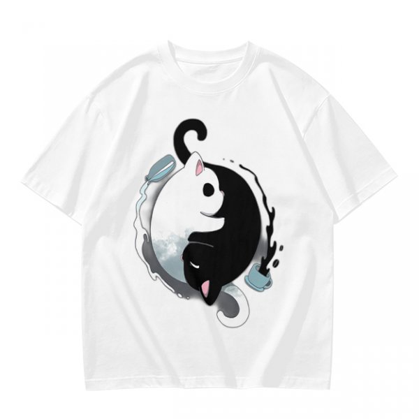 Olive T-Shirt with Yin Yang Cats and Spilled Coffee Cups Print