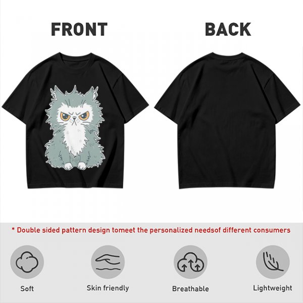 Olive T-shirt with Grumpy Fluffy Gray Cat Graphic Print