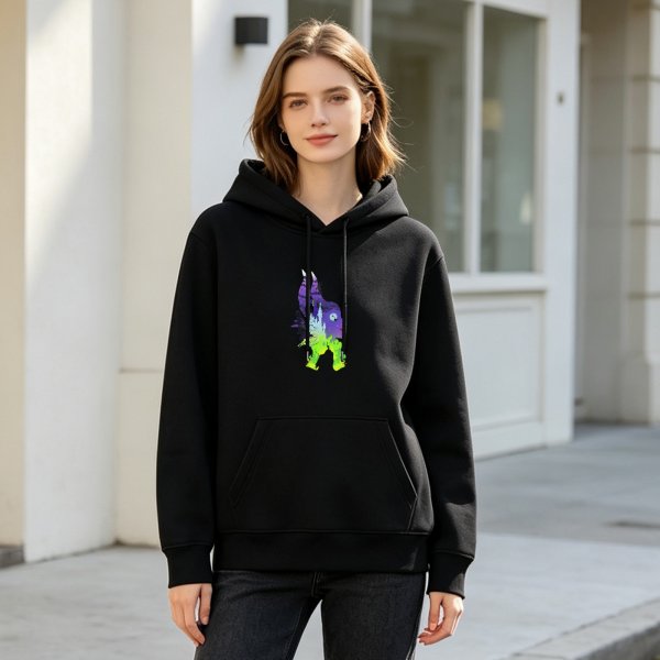 Black hoodie with vibrant abstract fantasy creature graphic print