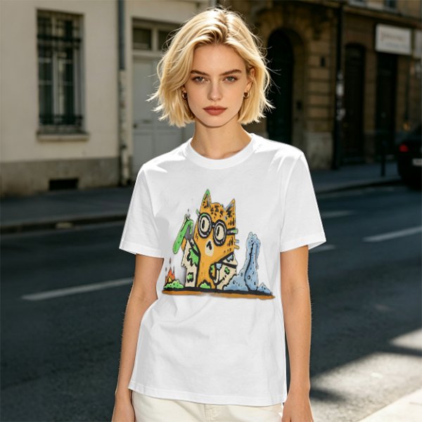 Olive T-Shirt With Mad Scientist Cat Chemistry Lab Print