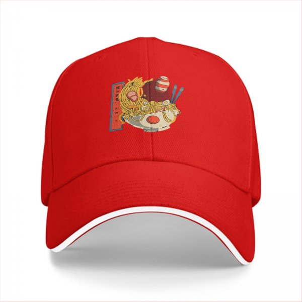 Black Baseball Cap With Playful Ramen Bowl Graphic Design