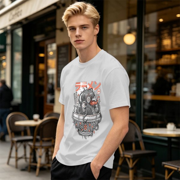 Olive Green T-Shirt with Japanese Ramen Themed Anime Art Print