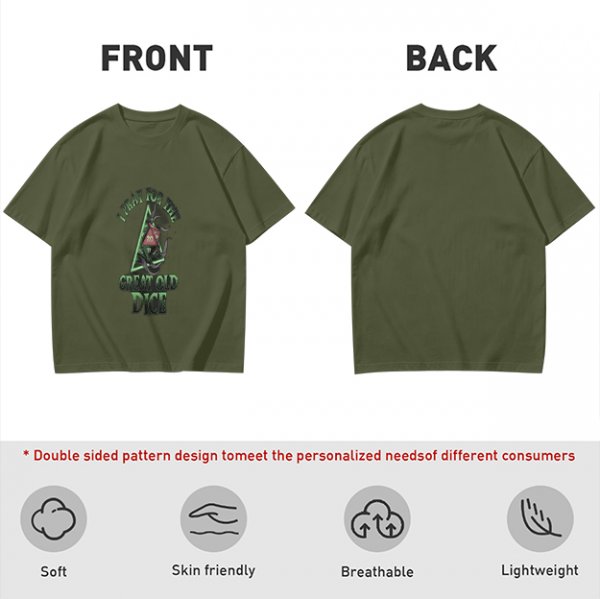 Olive t-shirt with 'Pray for the Great Old Dice' cosmic horror print