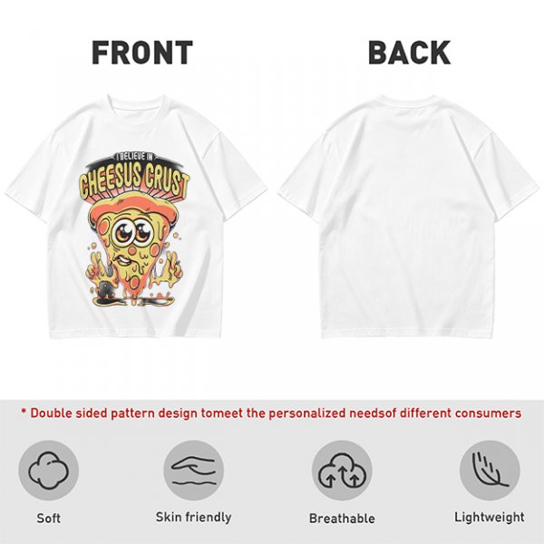 Olive t-shirt with 'I Believe In Cheesus Crust' pizza graphic