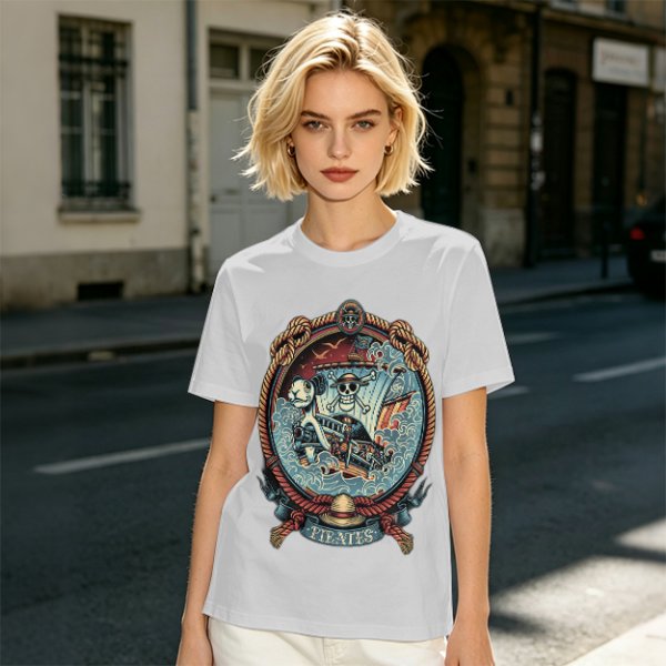 Olive Green Pirate Themed T-Shirt with Ship and Skull Graphic