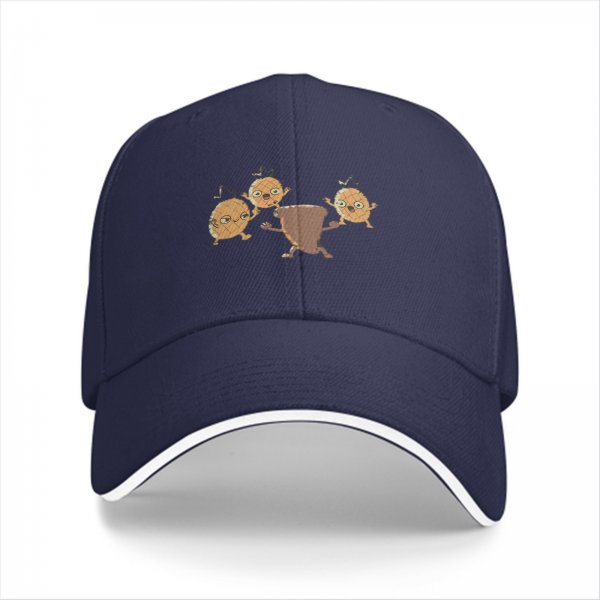 Black baseball cap with dancing pineapple and coffee cup characters