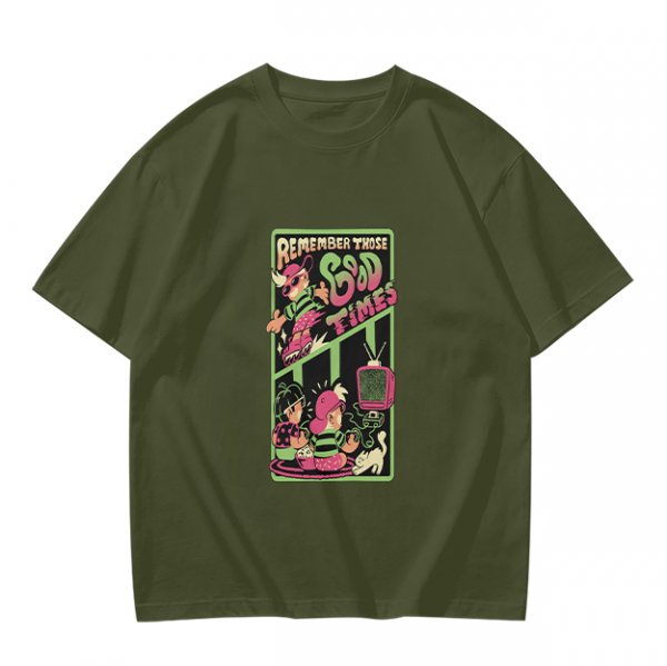 Olive Graphic T-Shirt With Remember Those Good Times Retro Art