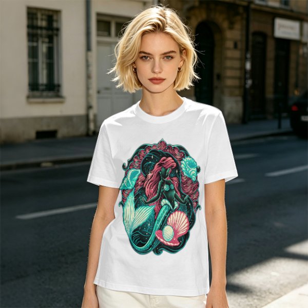 Olive T-Shirt With Mermaid And Seashell Graphic Print