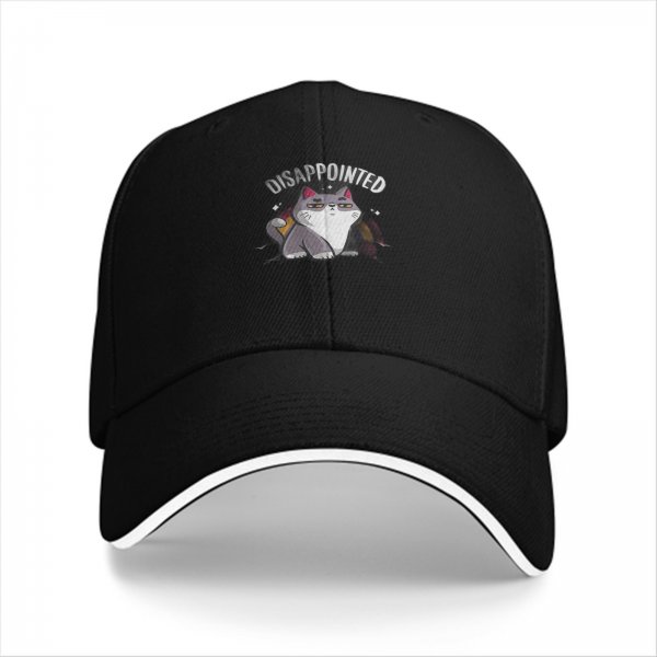 Black Baseball Cap With Disappointed Cat Graphic Print