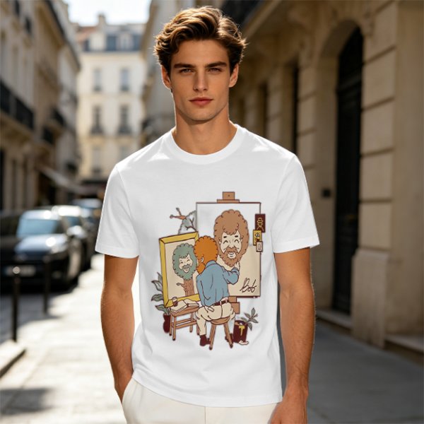 Olive Green T-Shirt With Cartoon Artist Painting Self Portrait Artwork