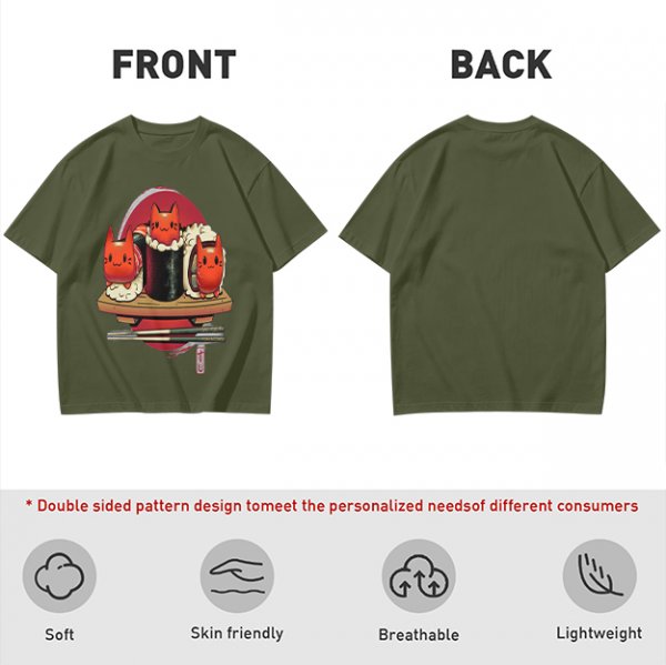 Olive t-shirt with cute cat sushi characters on a wooden platter