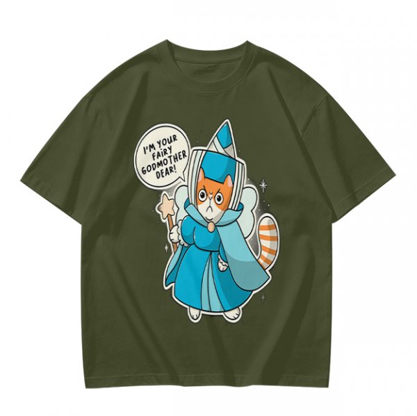 Olive T-Shirt With Fairy Godmother Cat Graphic Print