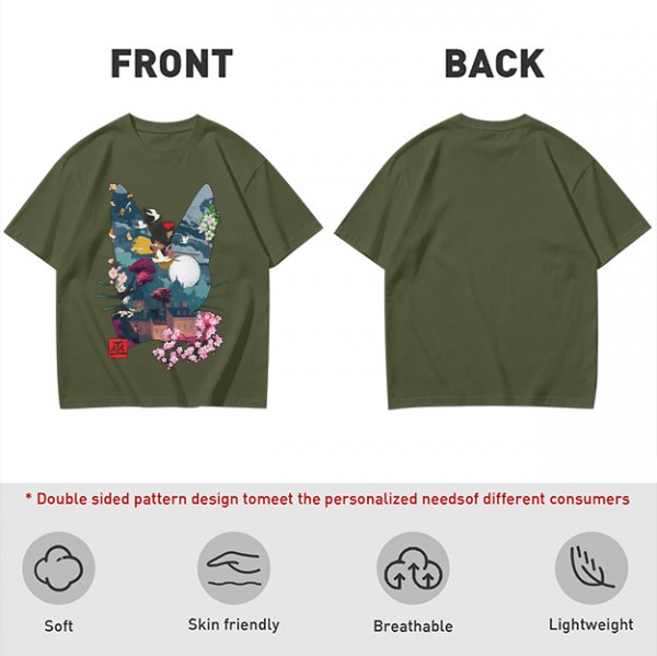 Olive Green T-Shirt With Japanese Nature Inspired Graphic Print