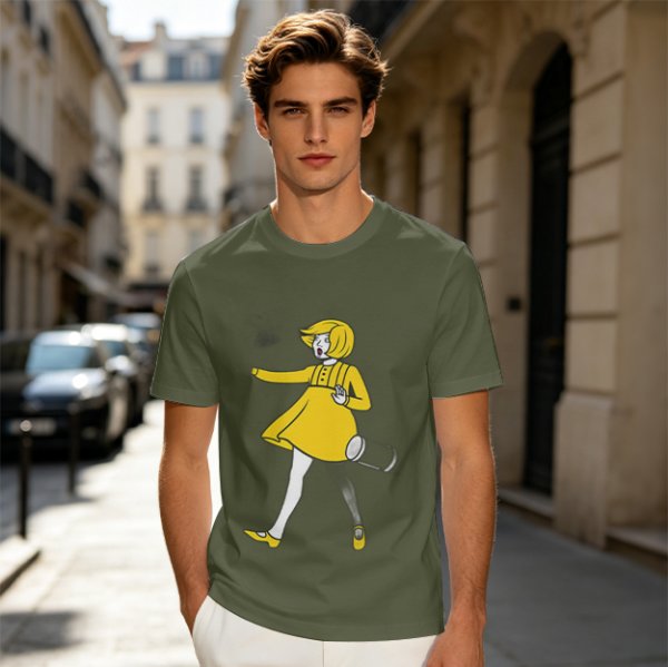 Olive Green T-Shirt With Whimsical Yellow Girl Graphic Print