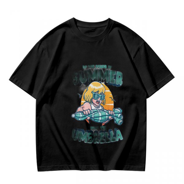 Olive Summer Umbrella Graphic T-Shirt with Retro Beach Illustration